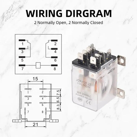 Beefy 24V DC Power Relay, 30A DPDT 2NO 2NC, 8 Pin, shown with wiring diagram and dimensions, flame retardant housing for durability