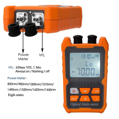D YEDEMC orange portable fiber optic tester with power meter and VFL, handheld unit with LCD display.