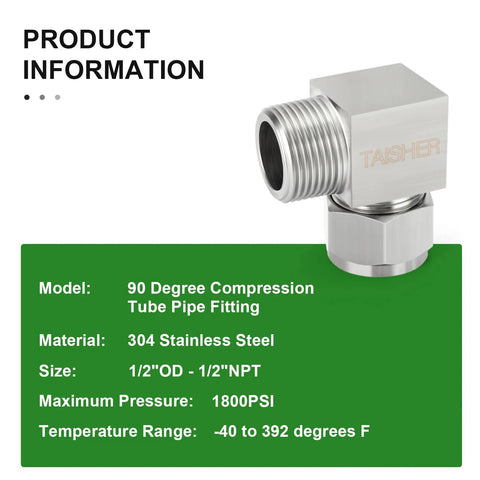 TAISHER 2-pack 304 stainless steel 90-degree compression tube fittings, 1/2 in OD to 1/2 in NPT male adapters.