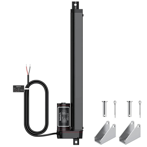 Powerful 12V Heavy Duty Linear Actuator With 225 Lbs Thrust 1000N 12 Inch Stroke Quiet Operation IP65 Waterproof Electric Actuator With Brackets For Windows Doors Farm Equipment And DIY Projects Justech, showing black actuator with mounting brackets and pins.