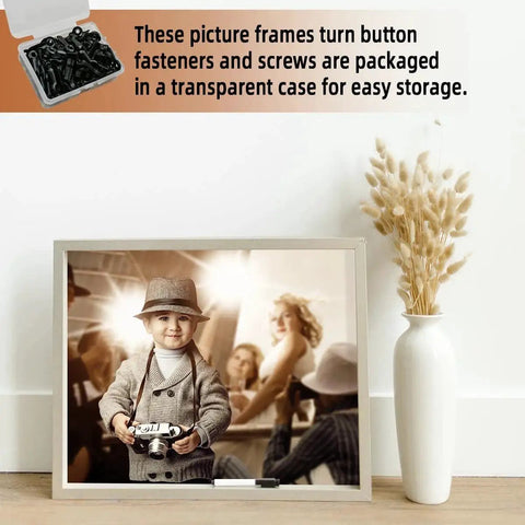 Picture frame with child holding camera, Pro Grade 160 Piece Metal Picture Frame Hardware Kit With 160 Screws And Turn Button Fasteners Black Finish Includes Hanging Hangers For Photos Crafts And Posters A Complete All In One Set That Is Rust Resistant And Built To Last.