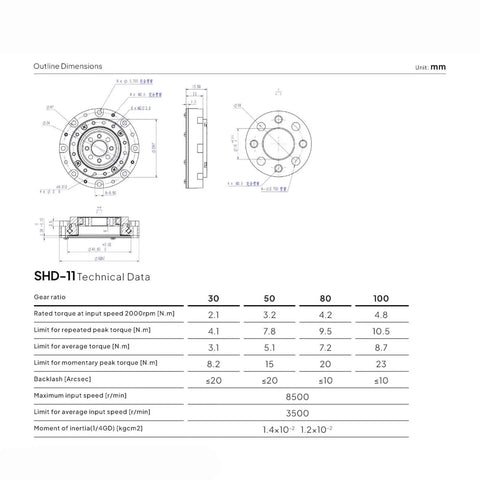 Technical diagram and specifications of Compact 14 17 Servo Motor Speed Reducer With 52mm Gearbox Strain Wave Gear Harmonic Drive.