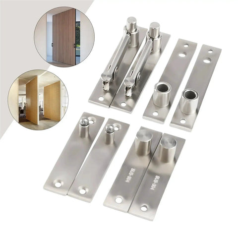 Pivot Hinge 2 Sets Heavy Duty Hidden Door Hinge For Bookcase Cabinets Sleek Center Hung 360 Degree Rotation Shaft With Easy Installation And Secret Hardware For Modern Minimalist Interiors, shown in a silver finish with mounting plates and installation tools.