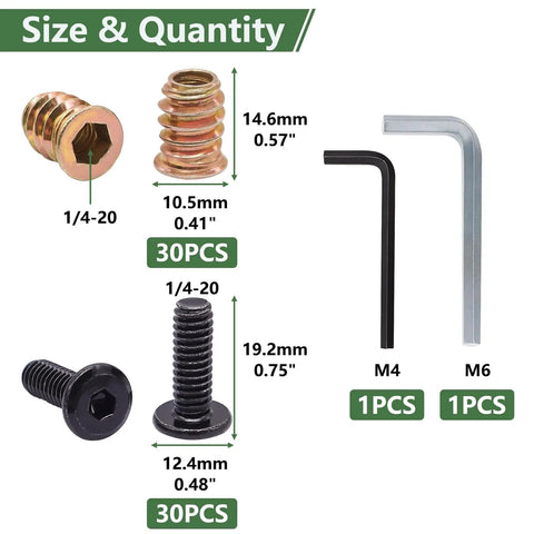 60Pcs Wood Threaded Inserts Kit With 1/4-20 x 3/4 Inch Screws And 1/4-20 Nuts Hex Socket Drive Includes Two Hex Wrenches For Furniture Fasteners Rust Resistant Carbon Steel showcasing sizes and quantity of components.