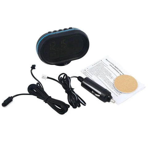 Car Digital Clock And Thermometer With LCD Display And 12-24V Voltmeter, includes power cords and user manual