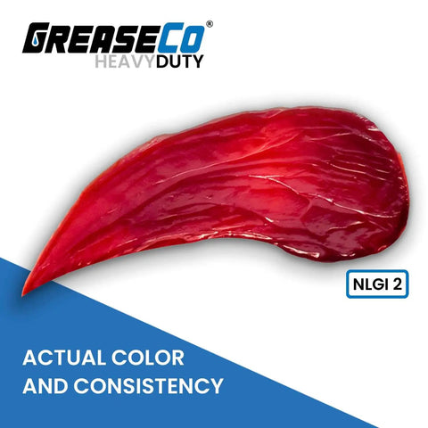 Close-up of red tacky lithium grease, displaying NLGI 2 consistency, used for high temp wheel bearings and axles, by GreaseCo.