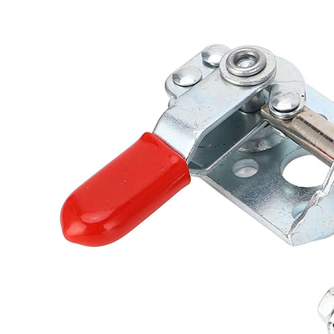 Close-up of Stainless Steel Push Pull Toggle Clamp With Quick Release System 40kg Holding Capacity, showing red handle