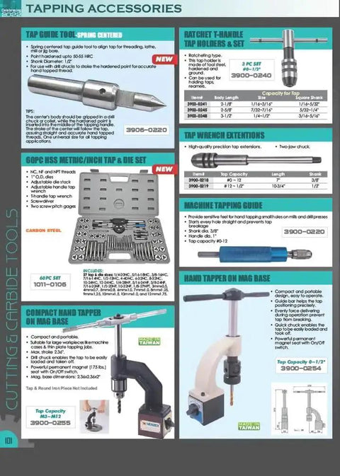 Catalog page of tapping accessories, including a tailstock die holder set with MT3 tapered shank and die holders for metalworking.