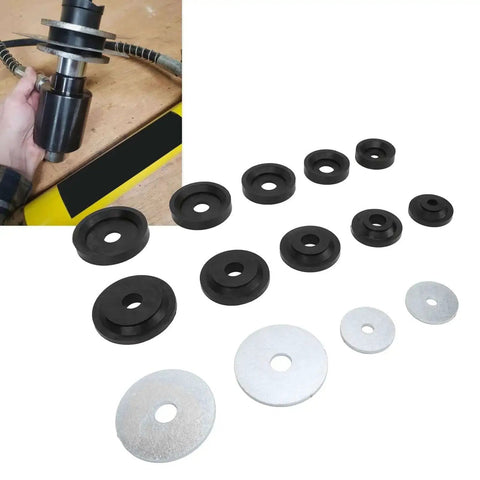 Sheet Metal Dimple Die Set For Harbor Freight Hydraulic Punch Driver with flared holes and backing discs shown on a table