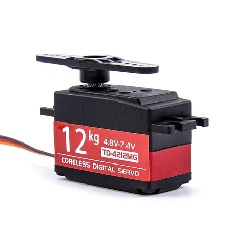 Side view of 12kg coreless digital servo motor, red label on black housing