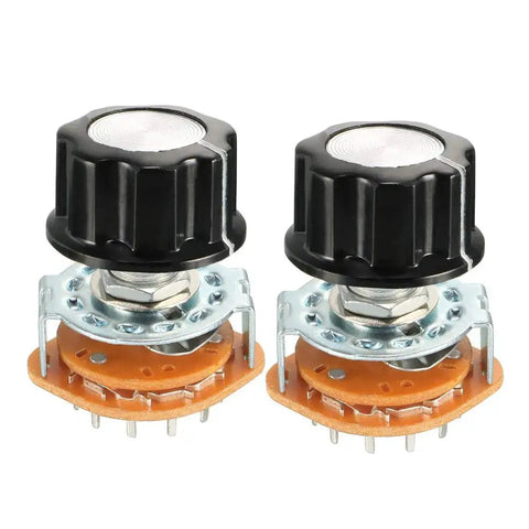 Two-piece pack of 3 Pole 4 Throw Rotary Switch with Band Selector, Single Deck, Black Plastic Knob, 9mm Mount Hole, 15 Pins, Nut Included