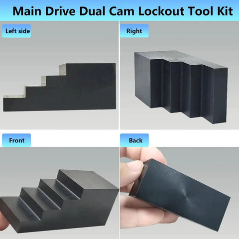 Two-piece black metal Harley Twin Cam primary drive locking tool set, shown from left, right, front and back.