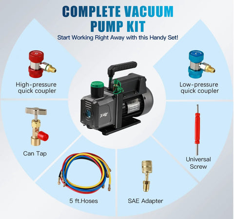 PB Motor TECH vacuum pump kit with 3-way manifold gauge; 4.5CFM, 1/3HP; includes hoses, couplers, can tap, SAE adapter