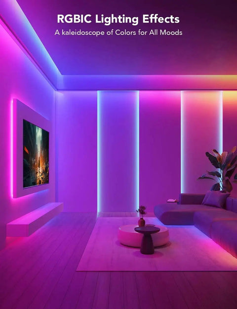 RGBIC LED Strip Lights With Bluetooth App Control For Bedroom Decor 16.4ft installed in a living room creating vibrant ambiance.