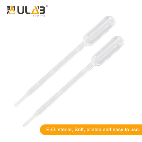 Two clear ULAB sterile transfer pipettes, LDPE, 3 mL/1 mL graduations with 0.25 mL intervals, 140 mm long, pack of 100