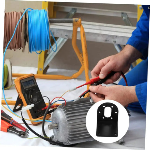 Person testing motor with multimeter, inset shows 4 Pack DC Gear Motor Mounting Brackets L Shape Fixed Seat Holder For 37 Series Gear Reduction Motors Dope Rugged Small Motor Mount Bracket Replaces Broken Motor Holder Car Mount Ready Ideal For DIY Robotic Projects And Micro Motors.