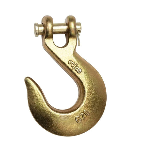 Close-up of a 3/8 inch Grade 70 clevis grab hook with pin from the Twenty Piece Hook Set For 3/8 Inch Grade 70 Clevis Grab Hooks With Pins And Clevis Slip Hooks G70 Tow Chain Wrecker Kit For Truck And Trailer Tie Down Heavy Duty 6600 Lbs Working Load.