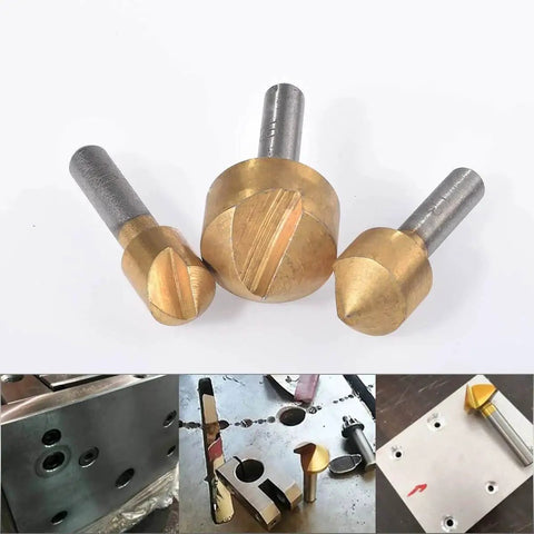 Three Piece HSS Chamfer Countersink End Mill Set For Woodworking With 90 Degree Single Flute Titanium Plated Cutter Bits, One Quarter Inch Round Shank, Aperture Sizes 2 To 5 Mm, 5 To 9 Mm, 8 To 13 Mm, Gold Finish, KATUR.