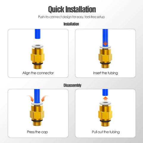 HANGLIFE PC4-M6 Bowden PTFE tube connector, gold push-to-connect fitting with blue tubing, installation diagram