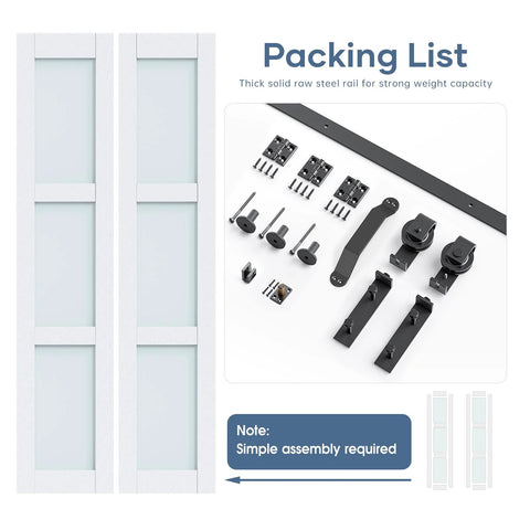 Packing list for 36 By 84 Inch Space Saver Bifold Barn Door With Frosted Glass Panel And PVC Coated MDF, Sliding Barn Door Kit With Hardware