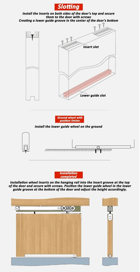 Installation diagram for Heavy Duty Aluminum Pocket Door Hardware Kit With Quiet Rollers, Ceiling Mount Sliding Barn Door Track.