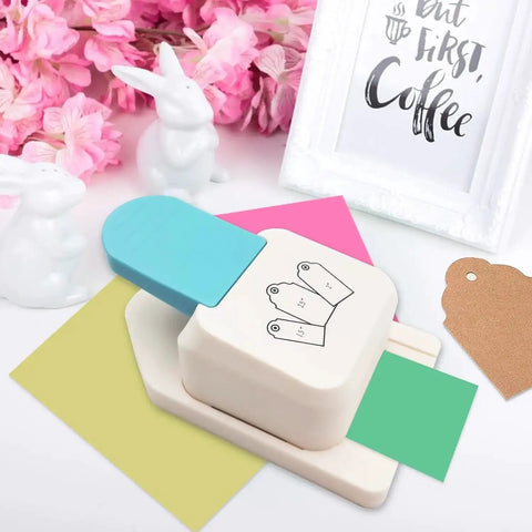 3 In 1 Gift Tag Punch Set with 1.5 inch, 2 inch, and 2.5 inch round hole punches, shown with colorful paper and decorative background.