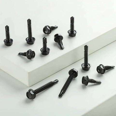 Black Zinc Stainless Self Tapping Screws Set displayed on white surface, 121 Piece, 410 Stainless, Hex Washer Head, Black Finish