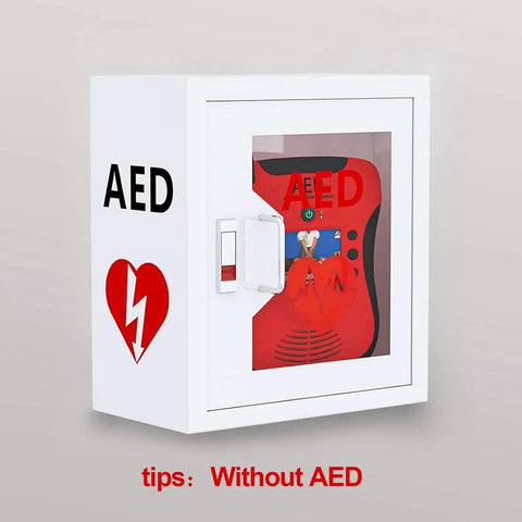 Universal Wall Mounted AED Cabinet Fits All Brand Defibrillators With Clear Window And Red AED Label, steel housing visible