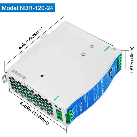 Beefy 24V DC Power Supply Dual Output 120W For DIN Rail Mount, 100-240VAC Input, 24VDC 5A Output Blue Enclosure with dimensions