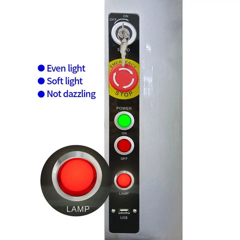 Control panel with Beefy 12V Indicator Light IP67 Waterproof 22mm Mounting Hole Stainless Steel 304 Heavy Duty Signal Lamp, red LED lit.