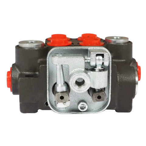 Front view of Adjustable 2 Spool Hydraulic Directional Joystick Monoblock Valve for Tractor Loader, cast iron, 11 GPM, 3600 PSI.
