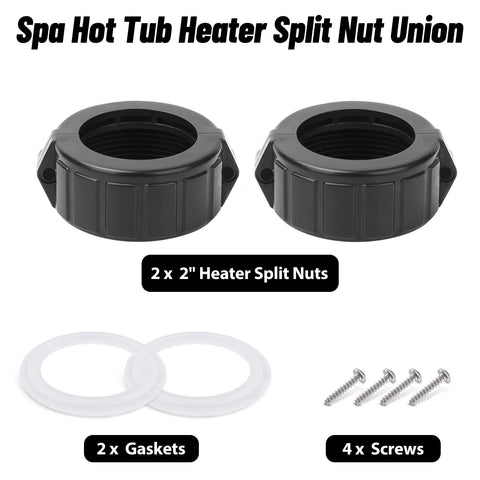 Spa heater split nut unions, black plastic, 2 pcs; includes 2 white gaskets and 4 screws