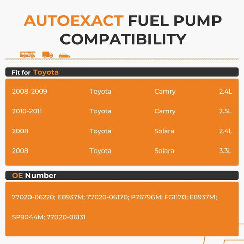 Compatibility chart for Drop In Electric Fuel Pump Assembly For Toyota Camry 2008 2009 2010 2011 2 4L 2 5L And Solara 2008 2 4L 3 3L