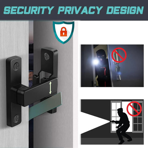 90/180 Degree Barn Door Lock With Small Flip Gate Latches For Privacy, black matte finish on door, emphasizing security design