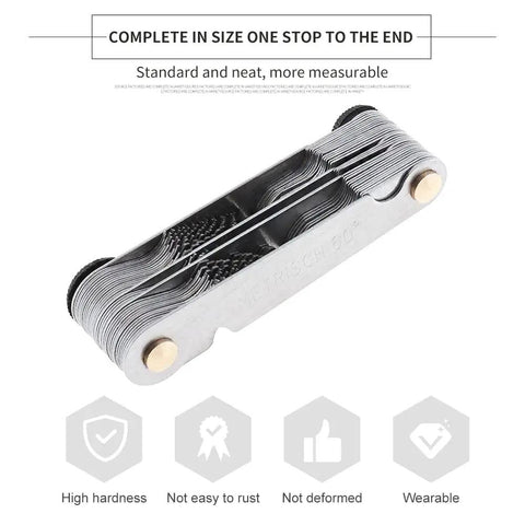 55 Degree And 60 Degree Screw Pitch Gauge With Locking Mechanism For Metric Imperial And US Threads Pro Grade Industrial Measurement Tool For Quick Size Checks Includes Multiple Pitch Sizes, showing a side view of the stainless steel gauge.
