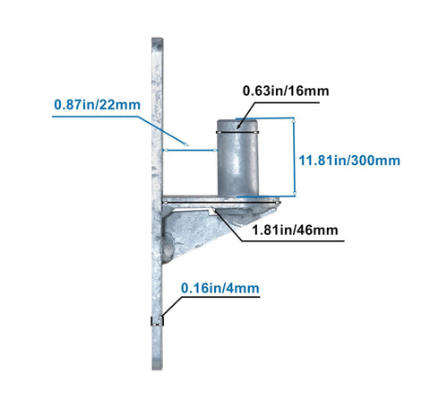 Side view of wall mount chain link fence gate hinge with measurements, showing galvanized iron structure with 5/8 inch pin for outdoor use.