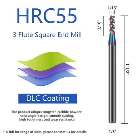 Five Piece Solid Carbide Flat End Mills Set With Diamond Like Coating For Aluminum Copper And Magnesium Alloys One Sixteenth Inch Diameter One Eighth Inch Shank Three Flute Three Sixteenths Inch Cutting Length One And A Half Inches Overall Length