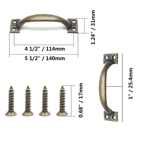 Rustic Bronze Cabinet Handles Set Of 8 Five And A Half Inch Curved Metal Drawer Pulls With Screws and dimensions visible