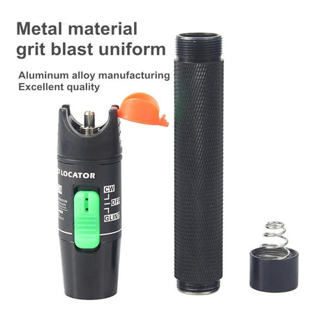 3-piece visual fault locator kit for fiber optics: black VFL with green switch, textured grip, orange cap, and tube.