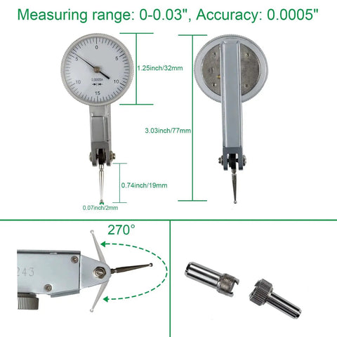 Ultra Precise Dial Test Indicator With Magnetic Base Stand And Storage Case For Machining And Metrology, 0 To 0.03 Inches Range, 0.0005 Inches Resolution, Brass Body, Includes Two Metal Dovetail Clamps 3/8 Inches And 5/32 Inches, shown with measurement details.