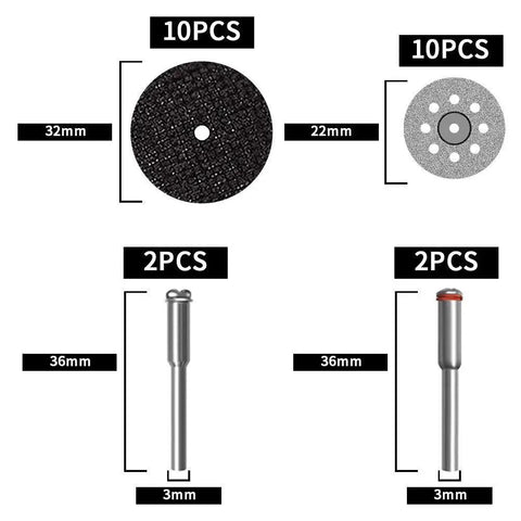 Rotary Tool Cutting Wheel Set With Diamond And Resin Cut Off Discs 3 Blade Types For Wood Metal Plastic Glass And Stone Ideal For DIY Projects Low Heat Cutting Replacement EZ545 544 Compatibility Heavy Duty And Sharp displayed with dimensions