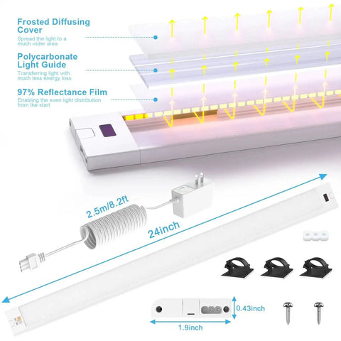 Plug In 24 Inch Under Cabinet Light Bar With Wave Sensor, Touchless Dimming, 1400 Lumen LED Strip, Color Tunable 2700K To 6500K, showing components and dimensions
