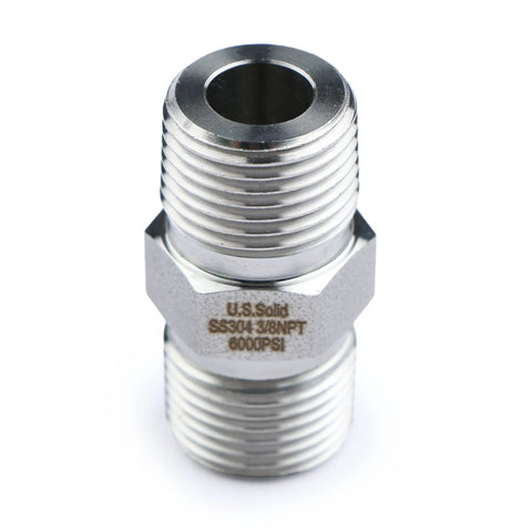 Front view of U.S. Solid 304 stainless steel hex nipple, 3/8 in NPT male threads, 6000 psi high-pressure pipe fitting.