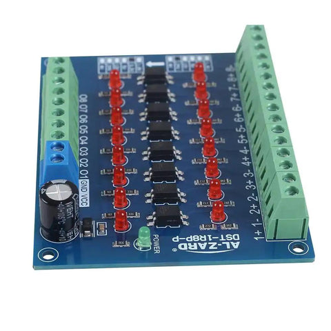 8 Channel Optocoupler Isolation Board No Fuss 24V To 3.3V Level Shifter with PNP output, blue PCB with terminal blocks, front view.