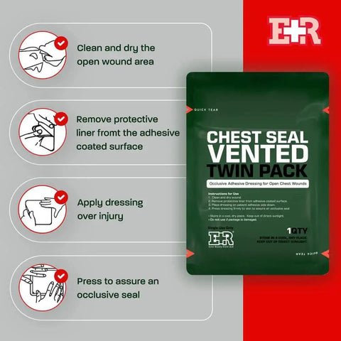 Instructions for using Vented Chest Seal Twin Pack With Quick Tear 6.6 Inch Square Occlusive Dressings For Open Chest Wounds by Ever Ready First Aid