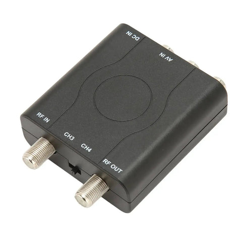 NTSC TV Modulator For Composite To RF Coax, PLL VHF Channel 3 Or 4, black ABS case, connectors visible, top view