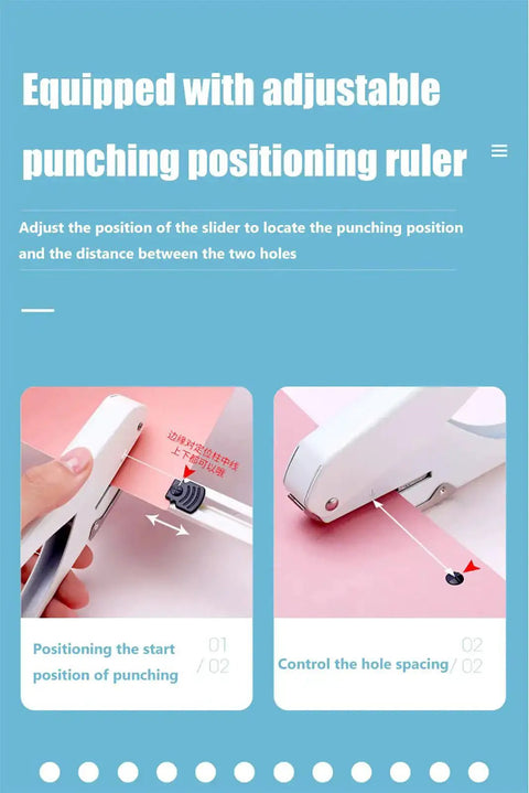 Handheld One Quarter Inch Hole Puncher With Skid Resistant Base, 20 Sheet Punch Capacity showing adjustable punching ruler