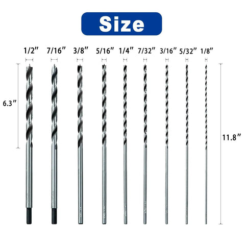 Thirteen Piece Brad Point Wood Drill Bit Set Crafted In Carbon Steel For Hardwood Plywood And Plastic Extra Long Eleven Inch Bits