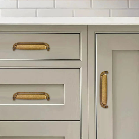10 Pack 3 Inch Hole Center Vintage Drawer Pulls Antique Brass Cabinet Handles Cup Pulls on kitchen cabinets