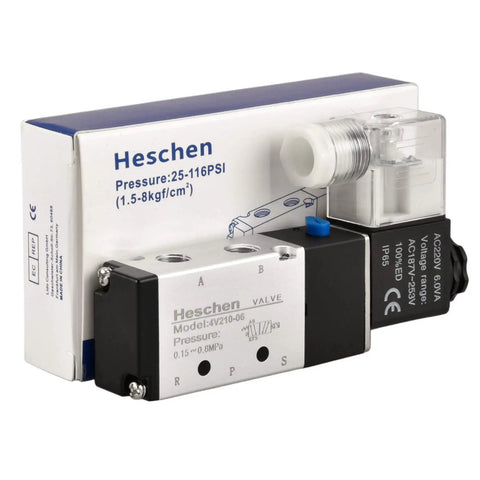 Electric Pneumatic Solenoid Valve 5 Way 2 Position, 220 VAC, 4V210-06 Compatible, 1/8 Inch PT Ports, shown with packaging